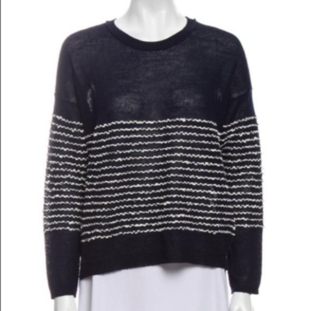 Inhabit Wool Blend Breton Stripes Navy Sweater Pullover size L High-Low Preppy